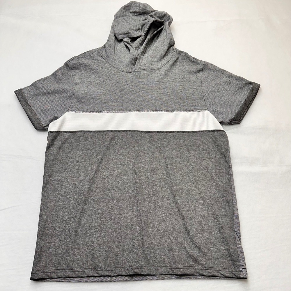 Highland Originals Mens Large Short Sleeve Hoodie Grey White Striped NEW